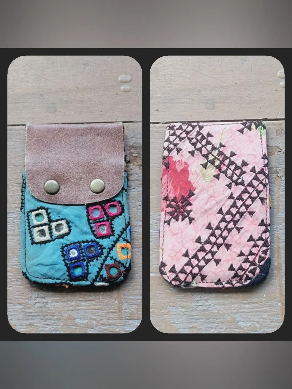 Free People embroidered banjara boho repurposed vtg leather wallet card case